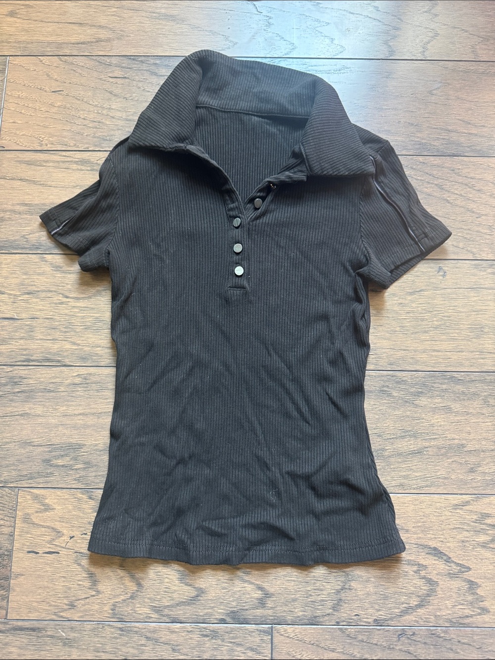 SHEIN Black Ribbed Polo Button-Up Short Sleeve Top